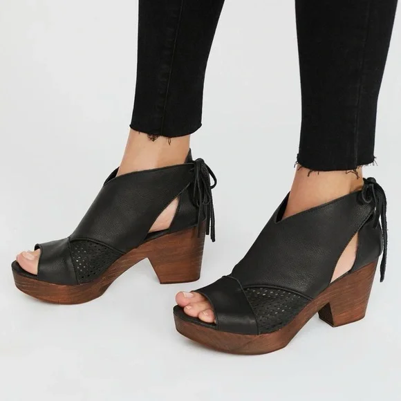 Free People Black Leather Mules with Brown Heels - Picture 1 of 15